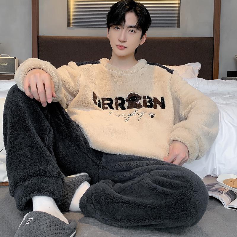 

Мужской зимний пижамный комплект с рисунком - коралловый флис, топ с длинными рукавами и брюки из бархата, фланель, плотная и теплая Large