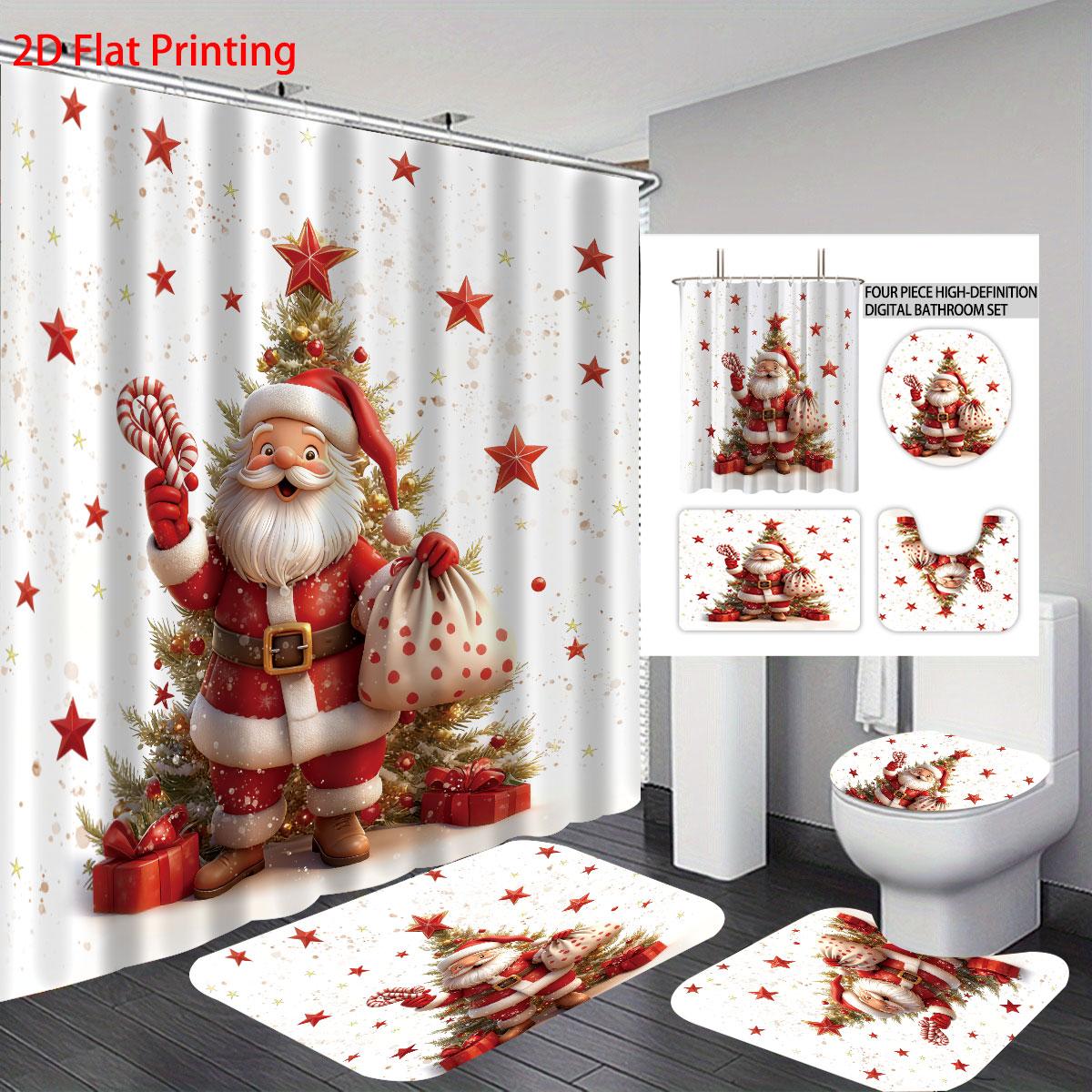 

4 шт. Набор для ванной с принтом «Счастливого Рождества Санта» 180X180 Водонепроницаемая шторка для душа, Коврик для пола, U-образный коврик, Подушка для сиденья унитаза Regular