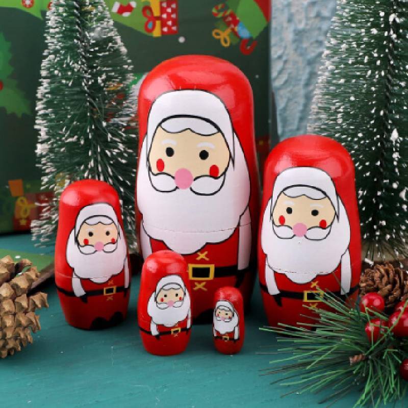 Wooden Russian Nesting Dolls Set With Christmas Decor And Modern Minimalist Style For Holiday Gift