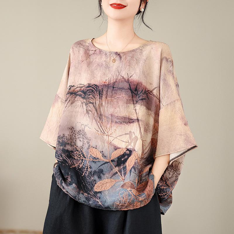 

Летняя хлопково-льняная блузка в этническом стиле с рукавами «летучая мышь», свободного кроя, с большим круглым вырезом, удобная футболка для женщин one size светло-розовый