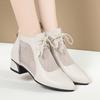 Soft Leather Pointed Toe Openwork Women's Shoes, Versatile Low-heeled Mesh Panty Toe Sandals, Fashionable Chunky Heeled Mesh Lace-up Sandals