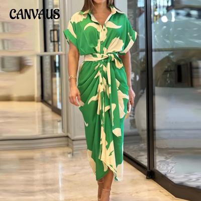 Spring Summer Women's Dress Printed Lapel Short Sleeve High Waist Long Shirt Dresses