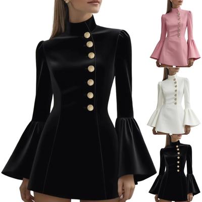 Women's Fashionable Elegance Solid-Colour Long-Sleeved Slim-Fit Stand Collar Bell-Sleeve Suit Dress