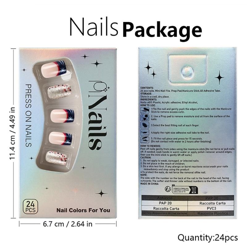 Independence Day Press on Nail Square Star False Nail 4th of July Designs Stick on Nail French Tip Nail Accesories