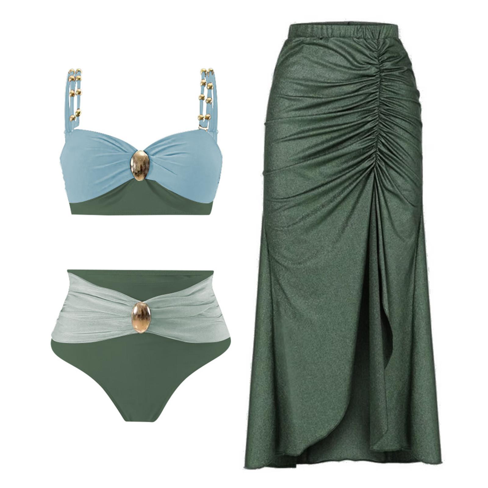 

Женский модный раздельный комплект из 3 предметов, позолоченный круглый купальник-бикини с высокой талией и цветными блоками XL зелёный