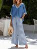 Summer Cotton Set Women Loose Fit V-Neck Short Sleeve Striped Wide Leg Pants Two Piece Casual