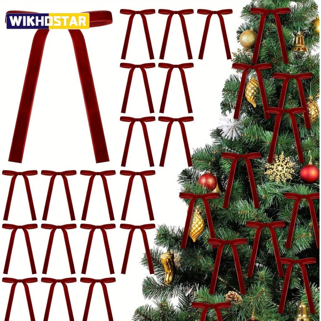 24 Velvet Bows for Christmas Trees - Used As Rural Gift Bows for Christmas Home Decoration, Outdoor, and Indoor Occasions