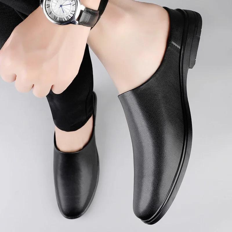 Summer Handmade Men Shoes Genuine Leather Slippers Casual Square Toe Slip-On Slides Mens Mules Shoes Trendy Quality Half Drag