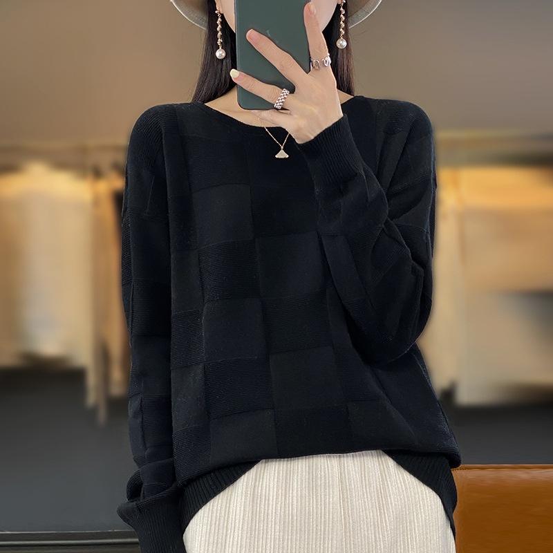 Autumn Winter Women Cotton Soft Sweater Round Collar Square Pattern Pullover Loose Fashion Knitwear Casual Base Top XXL чёрный