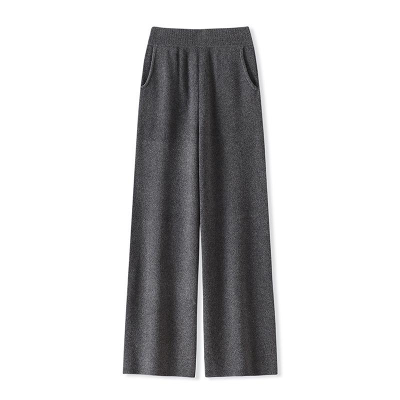 

Women s High-Density Pure Wool Wide-Leg Knit Pants - Autumn/Winter, Straight Cut with Pockets, Thick Drape, Floor-Length. M