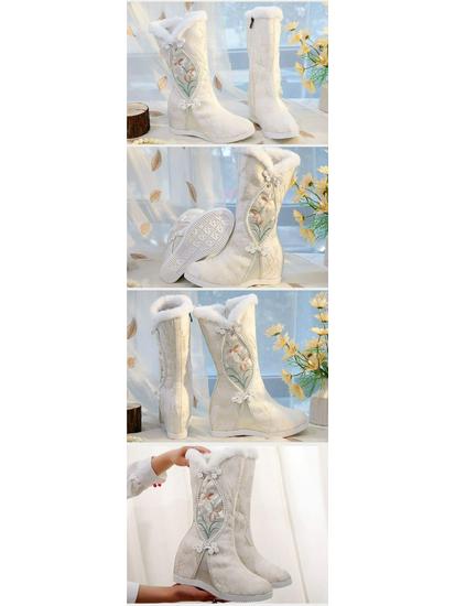 Vyšívané zimní Hanfu kozačky po kolena: Etnický styl, Plyšová bavlna, Vnitřní zvýšení výšky