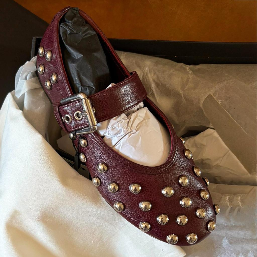 Cowhide Version~ Niche Rivet Mary Jane Flats Autumn and Winter New Round Head One-word Buckle French Shallow Mouth Single Shoes