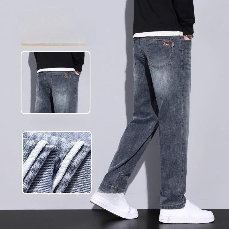 Mens High Street Jeans Fashion Straight Leg Warm Autumn Winter Men Classic Casual Plush Jeans Male Srtetch Baggy Denim Trousers Daily Wear
