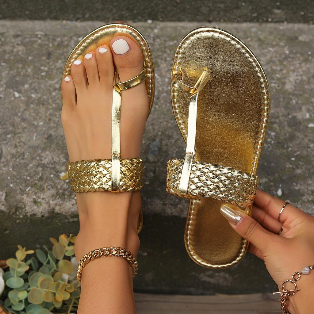 Flat Bottom Comfort Set Toe Slippers Women Woven Strap Lightweight Casual Outer Wear Non-slip Beach Shoes Versatile Women Shoes