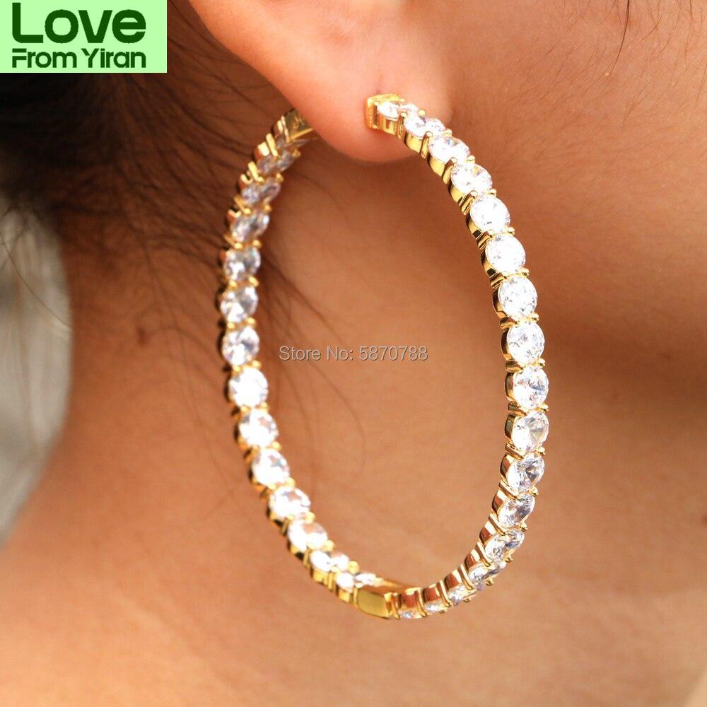 60Mm Punk Hoop Earrings Gold Color Plated Brown For Women Rhinestone Circle Hip Hop Big Hoop Earrings Set Stylish Trendy Style JewelryPunk Jewelry