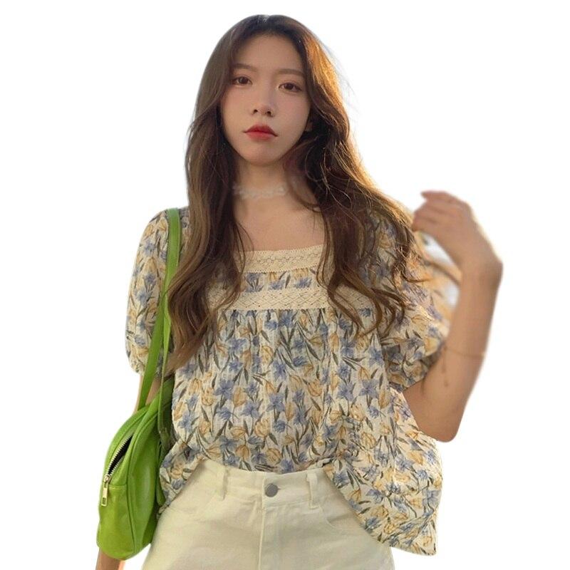 

Женские блузки из шифона с квадратным вырезом, цветочным принтом, кружевной отделкой, милыми короткими рукавами XL