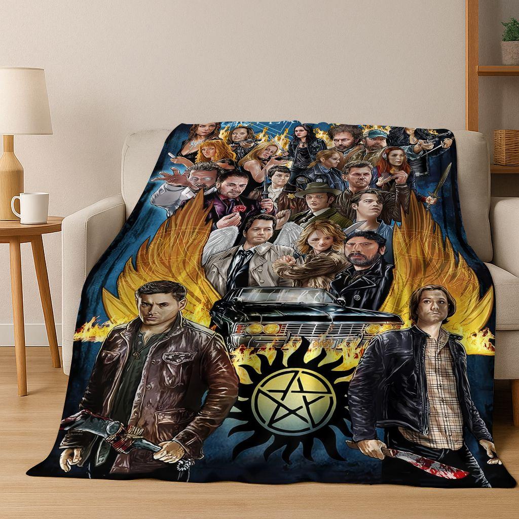 SPN Supernatural Dean Sam Winchester Castiel Flannel Blanket,Cozy Soft Throw Blanket for Home Bedroom Bed Sofa Cover Kids Gift