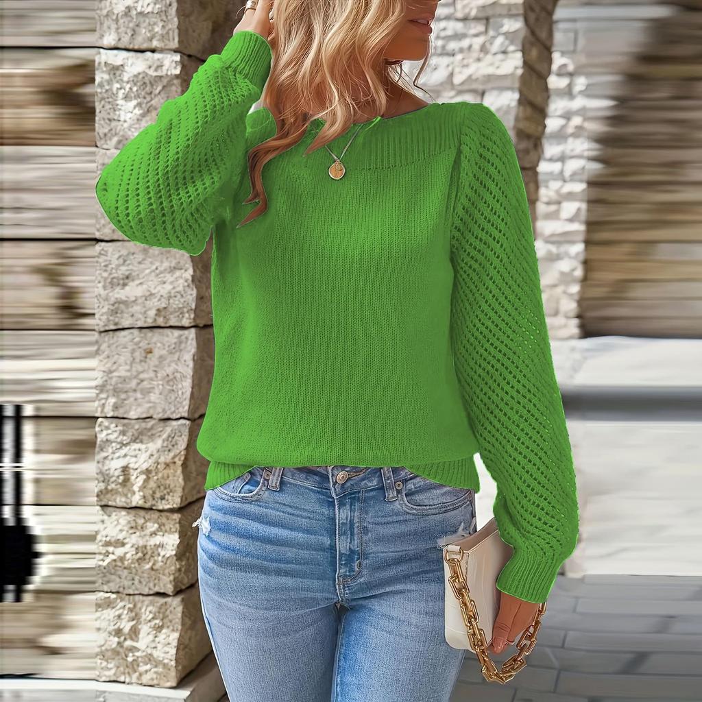 Women's Fashionable Casual Openwork Long-Sleeved Off-the-Shoulder Pullover Knit Top