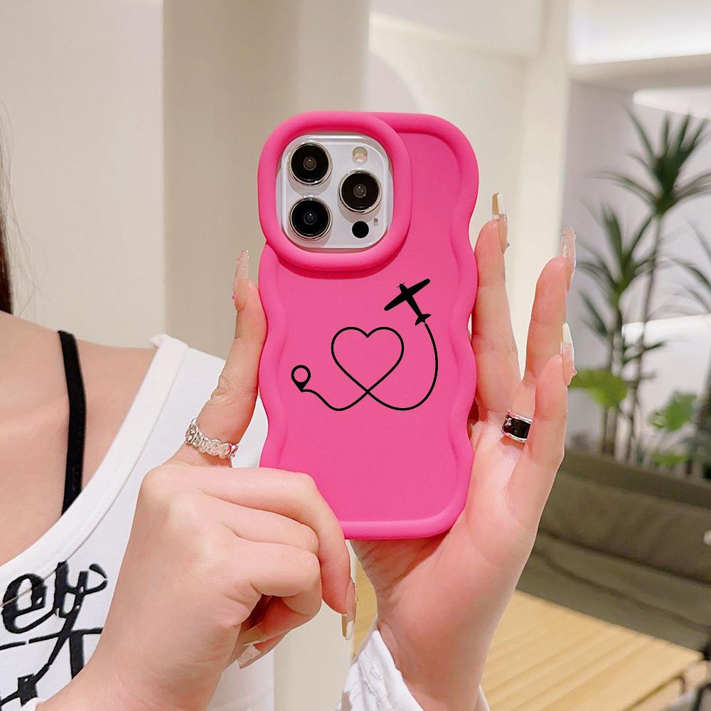 N68 Airplane Flight Trajectory Art Macaron Wavy Edge Phone Cases for iPhone 16 Pro Max Samsung S24 A35 A54 Xiaomi Redmi Note 13 Honor Shockproof Cover