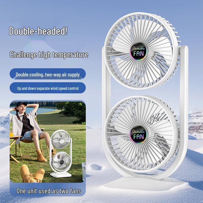 Dual Head USB Charging Air Circulation Desk Fan for Office and Dorm White