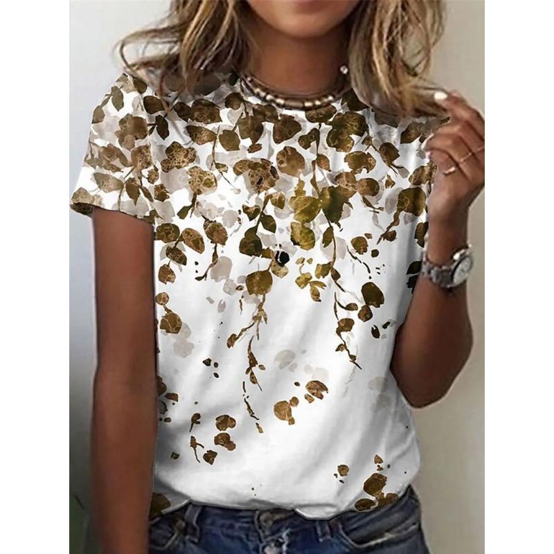 Summer Round Neck 3D Flower Print Top Fashionable Casual Short Sleeved Women's T-shirts