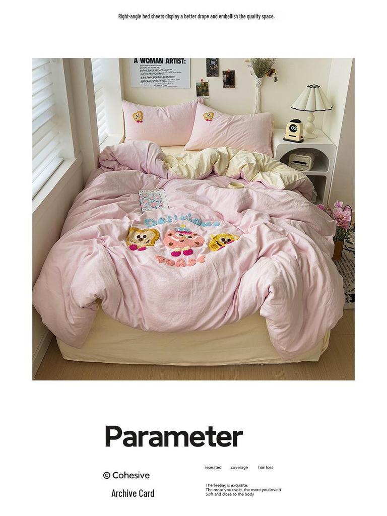 Super Soft Cotton Chenille Bear Embroidery Bedding Set - 4-Piece Simple Cartoon Duvet & Sheet
