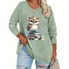 Plus Size Women's Fashion Reading Owl Print Casual Long-Sleeved V-Neck T-Shirt