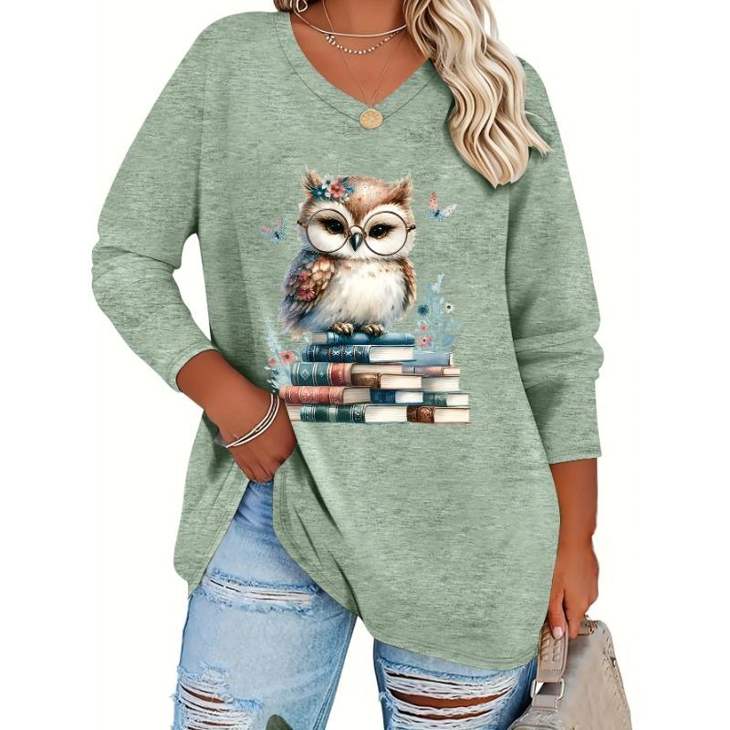 Plus Size Women's Fashion Reading Owl Print Casual Long-Sleeved V-Neck T-Shirt