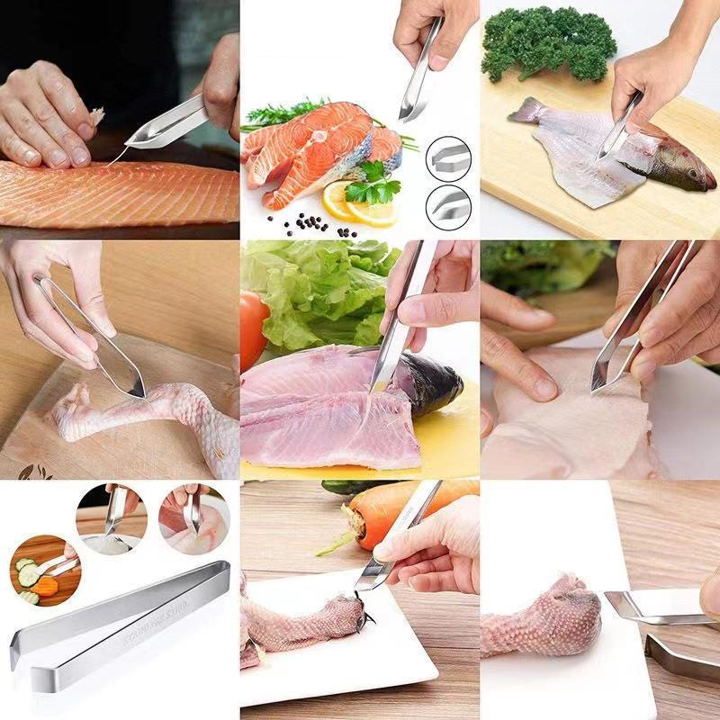 2Pcs Stainless Steel Fish Bone Tweezers Set Pincer Clip Puller Remover Tongs Kit Fish Bone Plucking Clamp Kitchen Cooking Gadget
