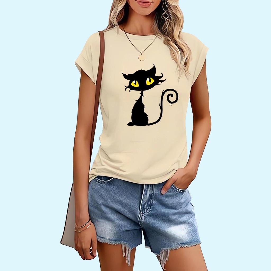 Women Fashion Cat Print T-shirt Sring&summer Casual Ladies Round Collar Tee Shirt