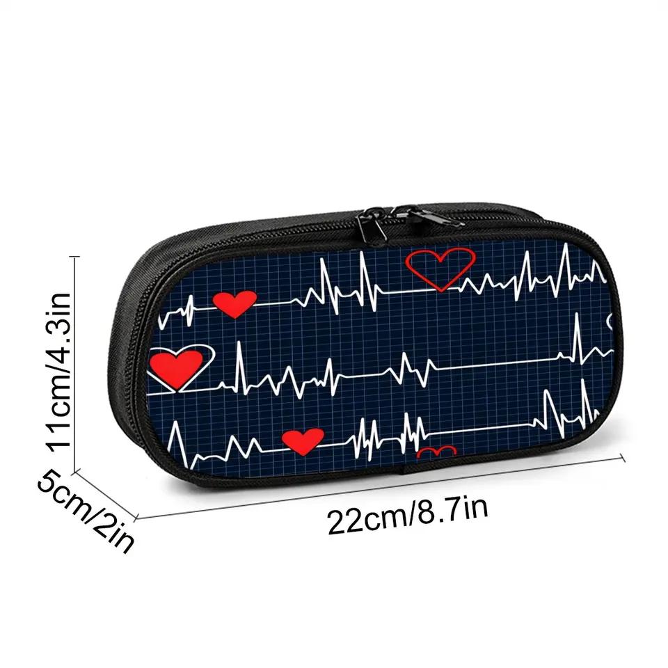 Electrocardiogram Print Fabric Layered Pencil Case & Pen Bag 3D Cartoon Design Best Gift for Boys/Girls School & Office Supplies