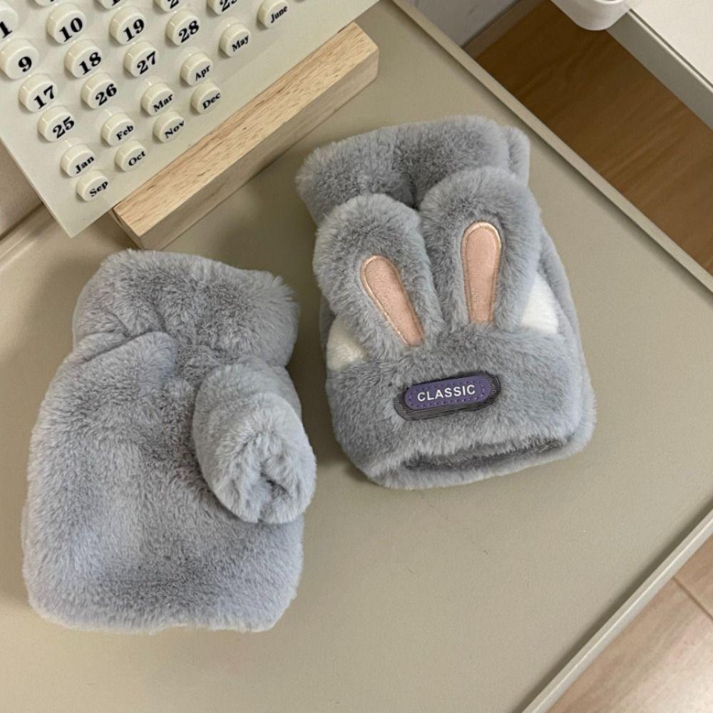 Thickened Half Finger Gloves Cartoon Flip Cover Plush Gloves Gift Rabbit Ears Mittens School