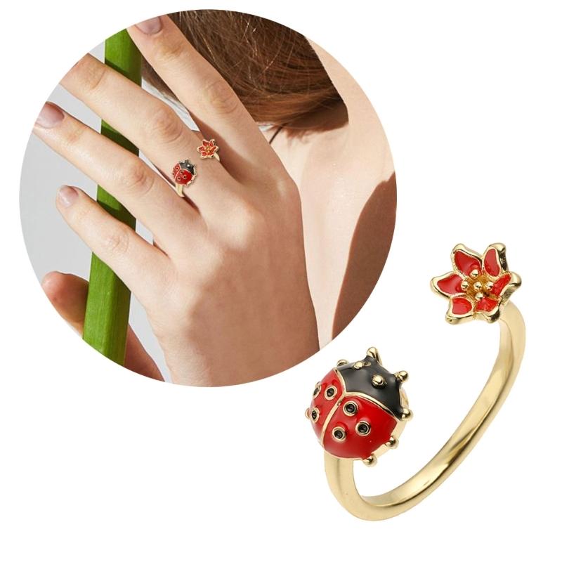 Marienkäfer Ring zum Öffnen Buntes Drip-Glasur Kunstwerk auf Kupfer Leichter Schmuck für Damen Modeaccessoires