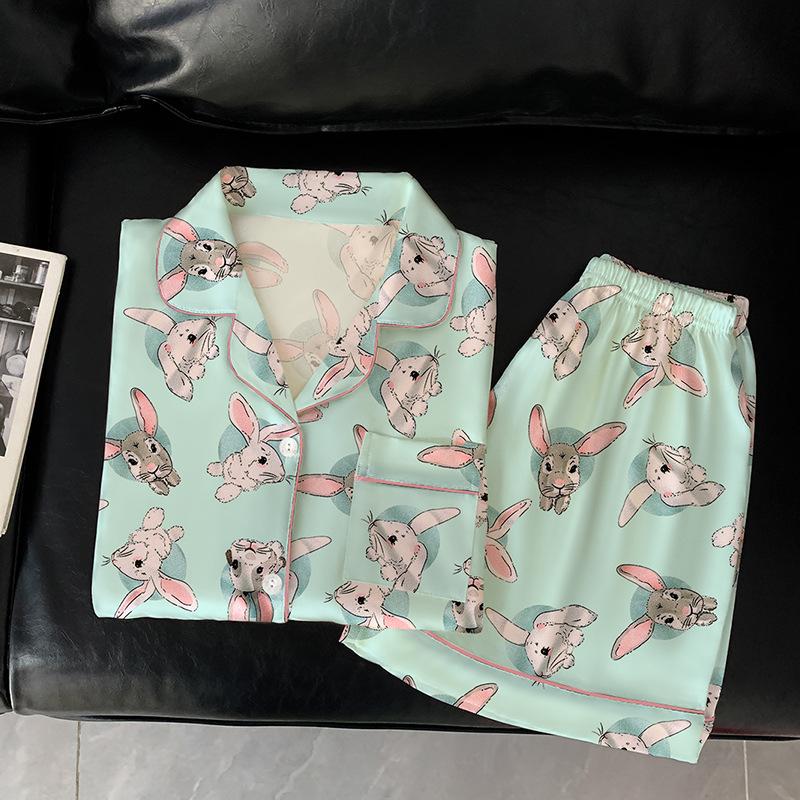 Sweet Soft And Cute Long-Eared Rabbit Printed Pajamas Women'S Summer Day Ice Silk Short-Sleeved Thin Loungewear Set