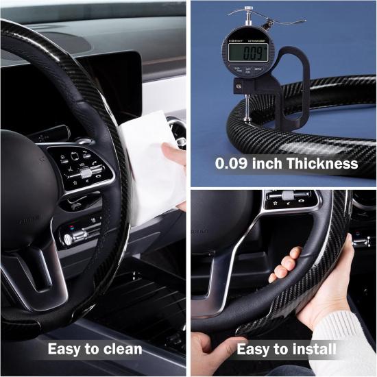 Car Steering Wheel Cover Carbon Fiber Snap On Steering Wheel Accessories Wrap 14.5-15 Inch Universal Grip Anti-Skid Protector, Glossy Black