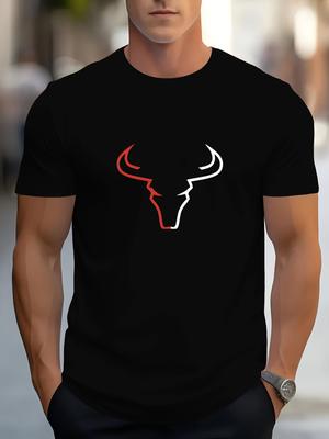 T-shirt with Bold Bull Graphic Print - Black & Red Contrast Design