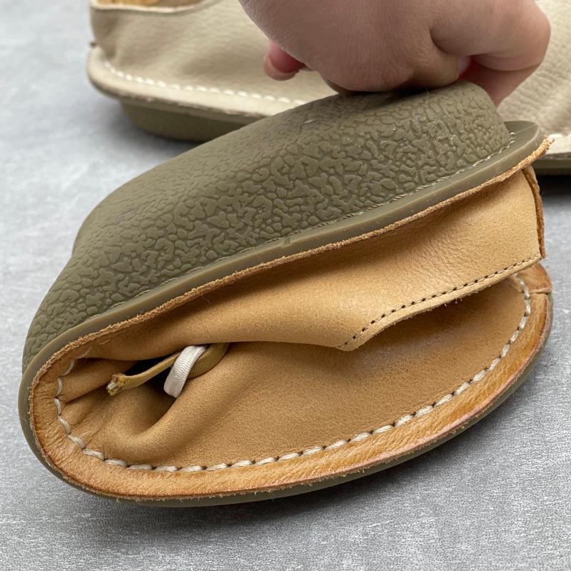 Johnature Handmade Genuine Leather Flat Slippers Round Toe Retro Soft Soled Women's Outdoor Slip-on Shoes