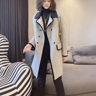 Modischer und eleganter Wollmantel im koreanischen Stil mit schmaler Passform und Farbblockierung für Damen im Herbst und Winter in Übergröße