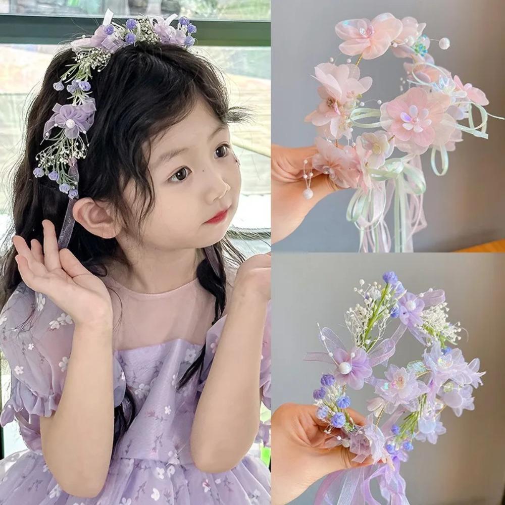 Children's Crown Flower Lace Headwear Cute Princess Garland Pearl Ribbon Hair Clasp Wedding Flower Girls Hair Accessories