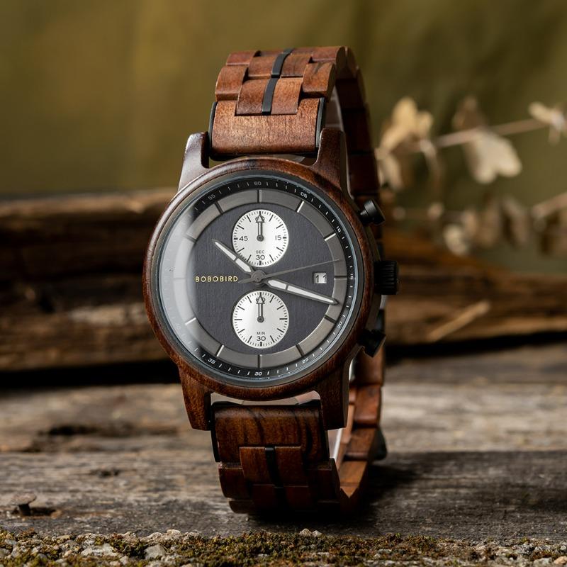 BOBOBIRD Leisure Sports Wood Watch Men's Stainless Steel Back Cover Multifunctional Men's Watch