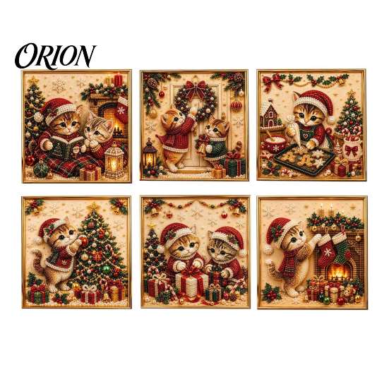 Christmas Faux Pearl Art Kit Xmas Cat Painting Kit, Festive DIY Winter Home Decor Cute Kitty 3D Bead Craft for Adults Teens, Holiday Wall Sparkling