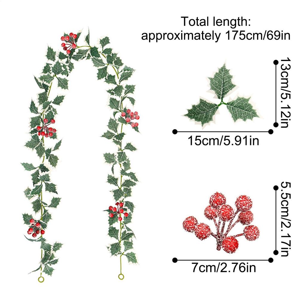 69Inch Christmas Garland Faux Leaves With Red Berries Artificial Vine Garland For Home Living Room Front Door Patio Outdoor