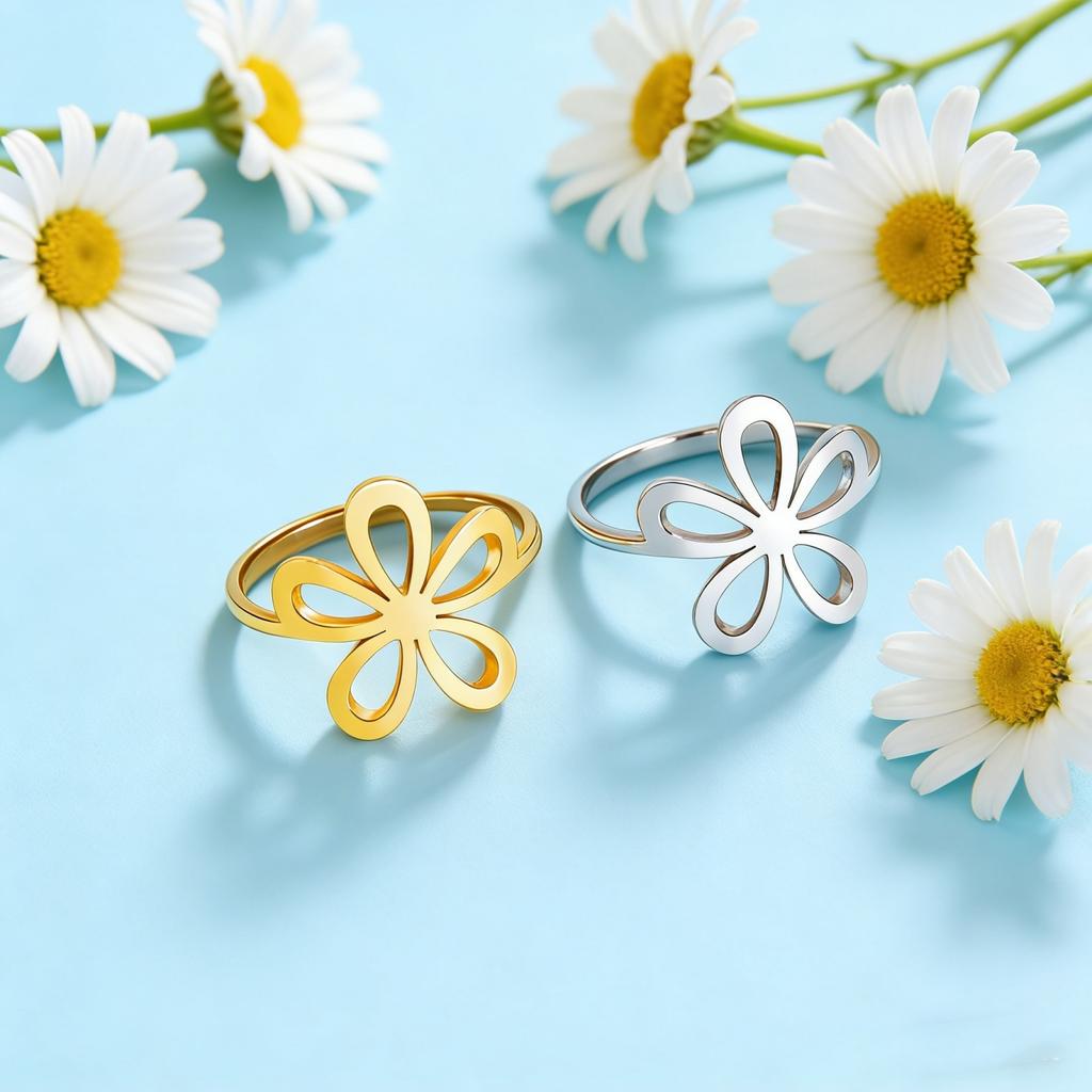 Stainless steel flower ring for women and girls golden and beautiful bohemian romantic ring engagement jewelry and gift