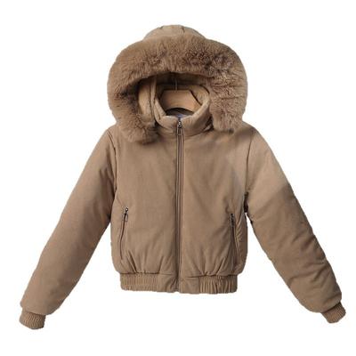 Manteau pour femme doublé polaire rembourré en coton avec grand col en fourrure Veste courte à capuche épaissie