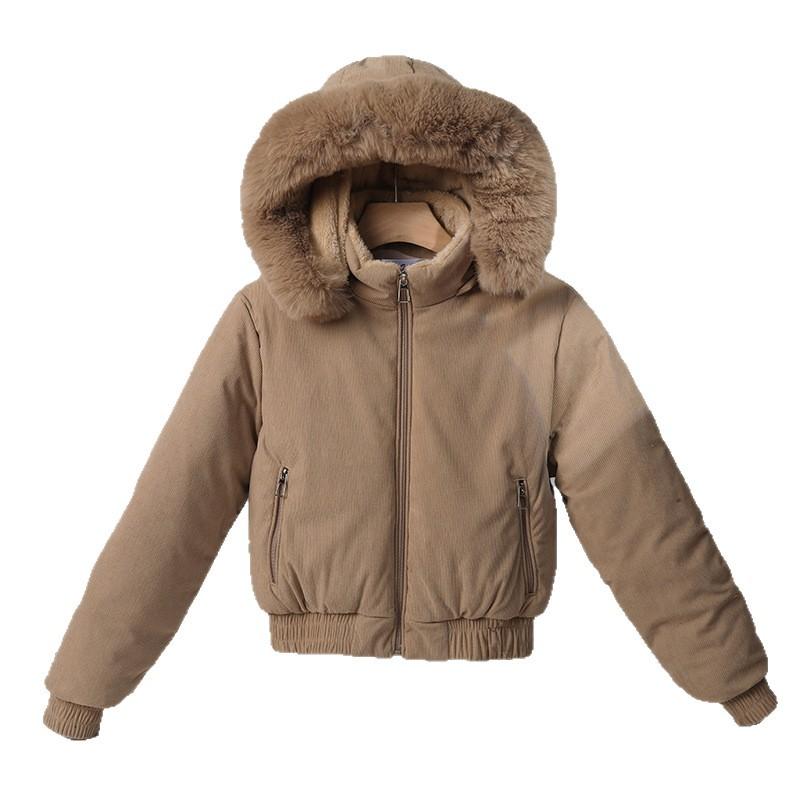 Women's Fleece-lined Cotton-padded Coat with Big Fur Collar Short Thickened Hooded Jacket