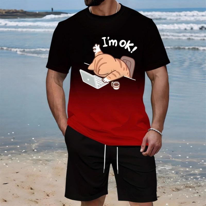 

2026 Summer New Trendy Street Short-sleeved Shorts Two-piece Men s Suit Digital Printing Contrasting Color Splicing T-shirt 6XL