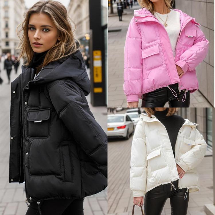 Giacca invernale da donna con cappuccio Taglia grande Imbottita in piuma e cotone Multi-tasche Corta