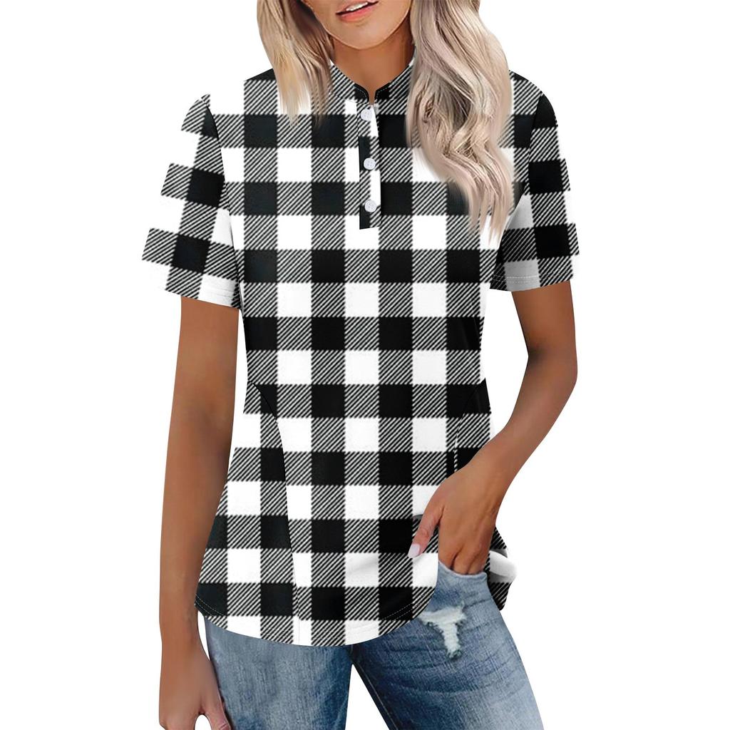 Women's Casual Floral Print V-Neck Short Sleeve Decorative Button T-Shirt Top