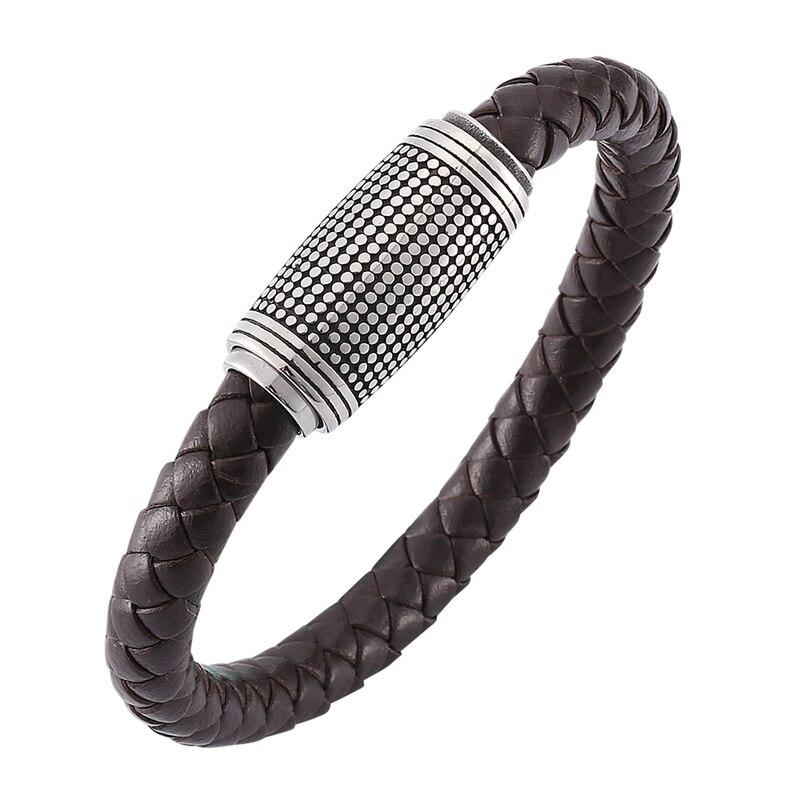

Панк-мужские ювелирные изделия, плетеные кожаные браслеты, застежка из нержавеющей стали, коричневый цвет, модный браслет для мужчин 205mm коричневый