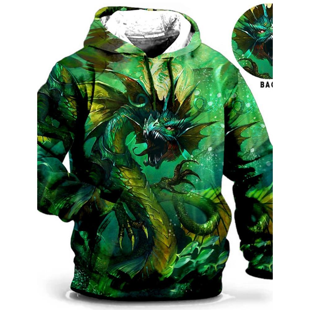 Pánská mikina s kapucí draka na čínský Nový rok s grafickým zvířecím potiskem Denní klasický 3D svetr Streetwear Mikiny s dlouhým rukávem, s kapucí